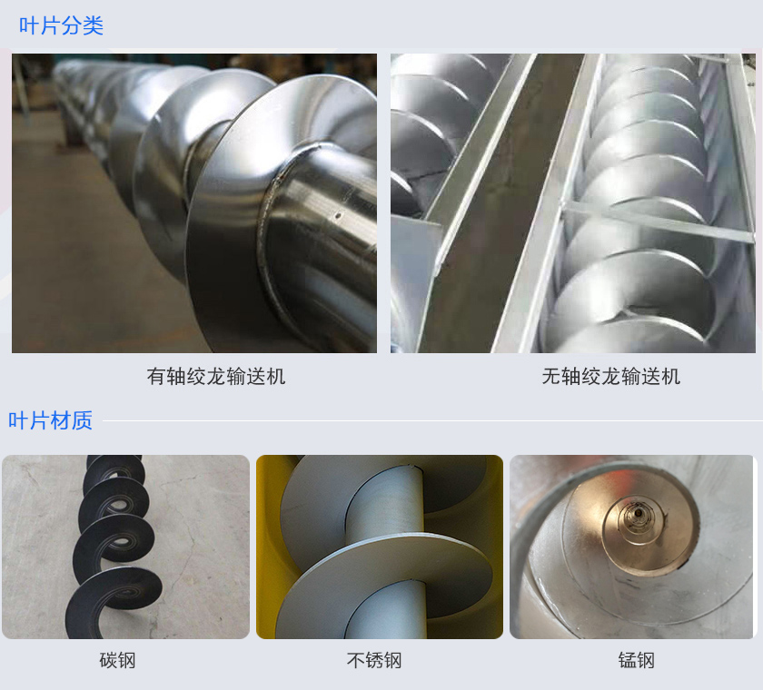 絞龍輸送機(jī)分為有軸和無軸絞龍輸送機(jī)，可根據(jù)物料不同選擇有碳鋼、不銹鋼、錳鋼等材質(zhì)。