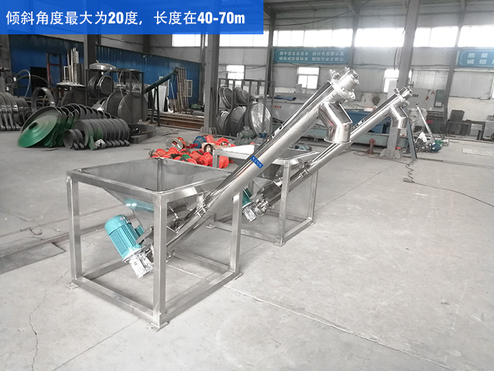 GX型絞龍輸送機(jī)傾斜角度最大為20度，長(zhǎng)度在40-70m